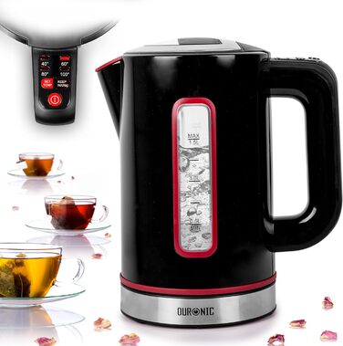 Електричний чайник Duronic EK30 BK: 3000 Вт, регулювання температури, 1.5 л, антинакип, LED-індикатор, Warmhaltefunktion, чорний/білий