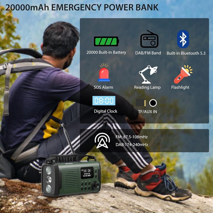 Радіо Kurbelradio на 20000mAh з Bluetooth, DAB/FM, сонячною панеллю, TF-карткою, AUX IN, TFT екраном, LED ліхтариком та SOS кнопкою (ArmyGreen)