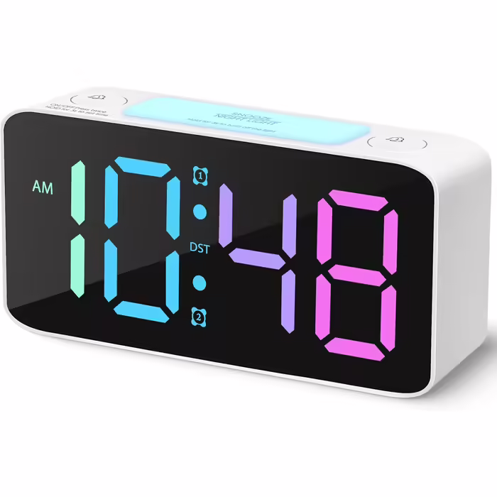 Loud Alarm Clock for Adults, Digital Clock with 7 Color Night Light, Adjustable Volume, Dimmer, USB Charger, Small Clocks for Bedrooms, Okay for Waking Up Kids, Teens (white)