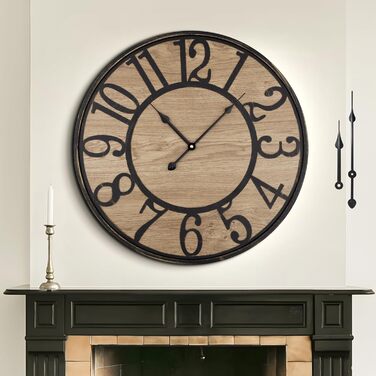 Large Wall Clock Without Ticking, 50 cm / Silent Wood Vintage Wall Clock Retro Battery Operated Modern For Living Room Bedroom, Kitchen, Farmhouse, Office Decoration (24 inches, Antique Bronze Metal - Arabic Numerals)