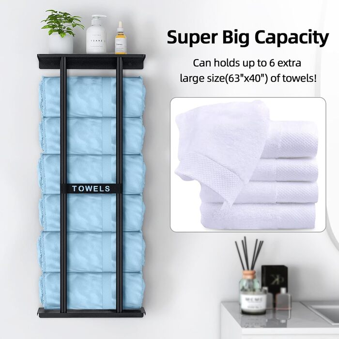 Тримач для рушників на стіну, чорний, 76 см, з полицею. Металевий тримач для рушників та гостей. Аксесуар для ванної кімнати.