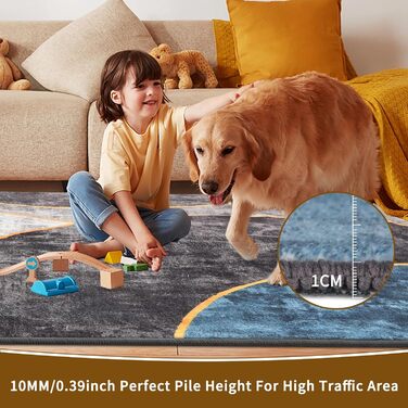 Килимок для вітальні Sour Lemon, великий 160x230 см, машинного прання, бохо-стиль, вінтажний, з антиковзаючою основою, блакитний геометричний дизайн