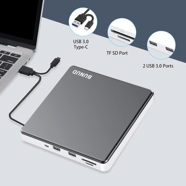 Зовнішній CD/DVD привід BUNUD USB 3.0 та Type-C, портативний DVD-брунер з картридером SD/TF та 2 USB-портами для ноутбука, PC, iMac, Windows та macOS, сіро-білий