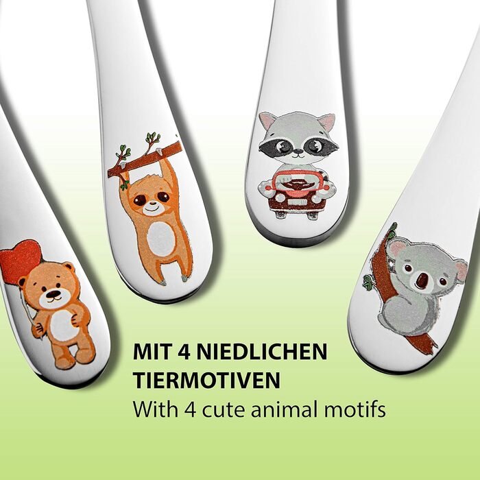 Набір дитячого столового прибору Koru Kids® Kinderbesteck (4 шт.) з нержавіючої сталі, для дітей від 3 років (Wildlife)