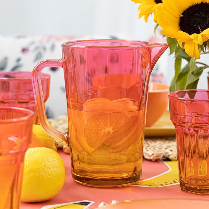 Water Carafe Glass 1 Liter with Comfortable Handle Colorful Water Pitcher 19 cm Glass Jug Orange Pink Glass Pitcher Water Carafe Glass Carafe Pitcher Glass Jug 1l | Gigi Magical Sunrise