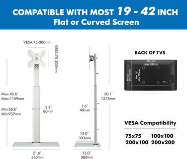 FITUEYES Adjustable TV Stand - Swivel & Tilt Floor Stand for 19-42 inch Flat & Curved TVs up to 35kg, VESA 200x200 - White