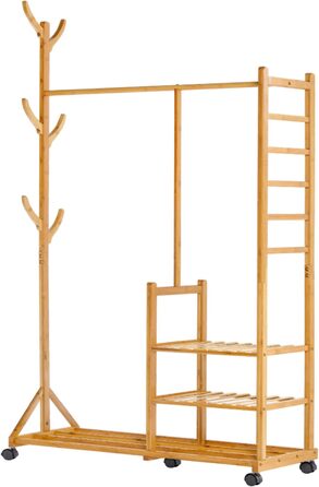 Yorbay Bamboo Clothes Rack with Wheels, with Clothes Rail, 3 Shelves and 6 Hooks, Tree Shape, 100 x 38 x 176 cm (Natural)