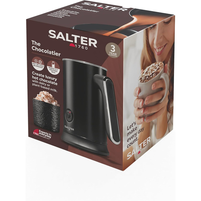 Salter Chocolatier: Автоматичний приготувальник гарячого шоколаду 4-в-1 - пінка для молока, нагрівач молока (гарячого та холодного), 240/115 мл, 500W, бездротовий, LED-панель, для кави та айс-кави (UK штекер)
