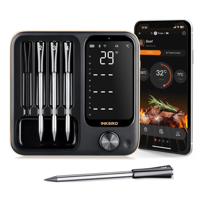 Inkbird INT-14-BW Wireless Meat Thermometer, Smart Grill Thermometer WIFI 2.4G and Bluetooth 5.4 Signal 91m, Oven Thermometer Thermometer for Oven, Grill, Smoker, Rotisserie, Air Fryer Oven