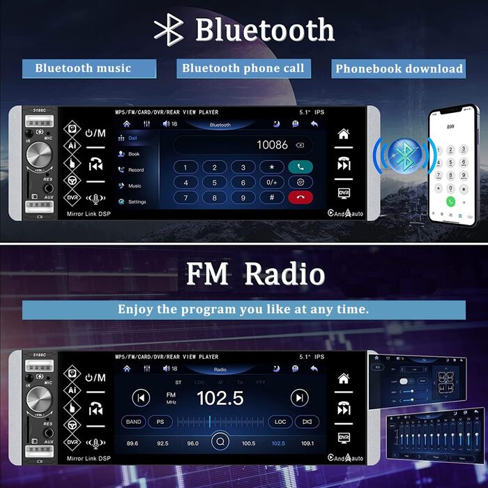 Автомагнітола CAMECHO 1 DIN з CarPlay, 5,1
