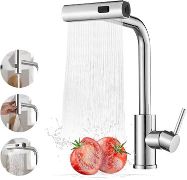 Кухонний змішувач Schwarz Waterfall з висувною лійкою та 3 режимами струменя, поворотний на 360°, з гальванічним покриттям сріблястого кольору