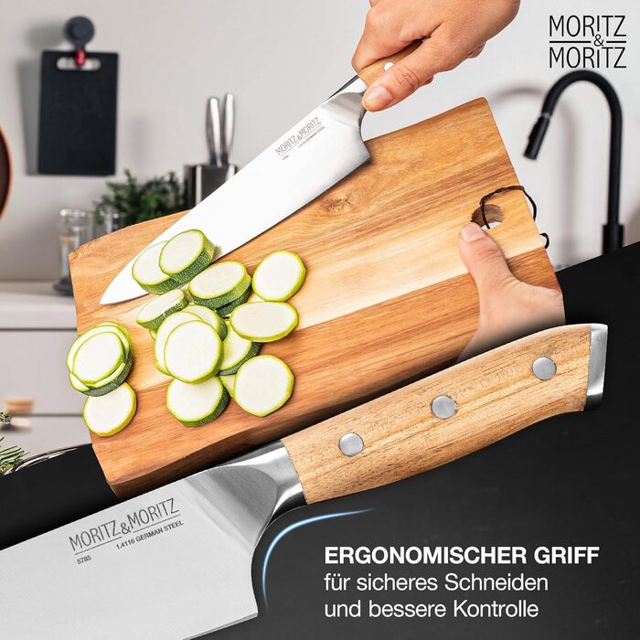 Ніж кухонний Moritz & Moritz Profi Küchenmesser 13 см - універсальний ніж для овочів, м'яса та фруктів, з ергономічною ручкою з акації, німецька сталь (базовий набір)