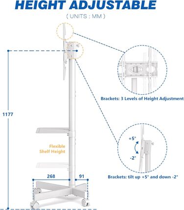 Rolling TV Stand with Wheels - Adjustable Height Mobile TV Trolley for 27-60 inch TVs - VESA 400x400 - 40kg Capacity - White