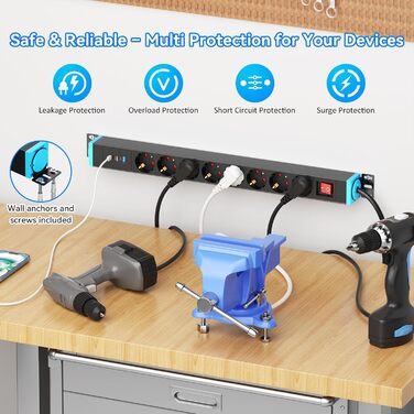 Мережевий фільтр із захистом від перенапруги, 10 розеток, поворотний на 360°, для стін, 1.8м, 16A/4000W, для офісу та дому, чорний