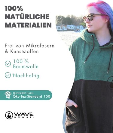 WAVE HAWAII Bathrobe Poncho for Women & Men | Size L, 170-200cm | 100% Cotton Surf Poncho | Velour & Terry Cloth Towel with High Water Absorption | Changing Aid for Adult Beachgoers