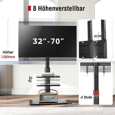 AOKCOS TV Stand for 32-70 inch Flat & Curved TVs - Adjustable Height, Swivel, Tilt, 3-Tier Shelves, VESA 400x400, up to 40kg (White/Black)