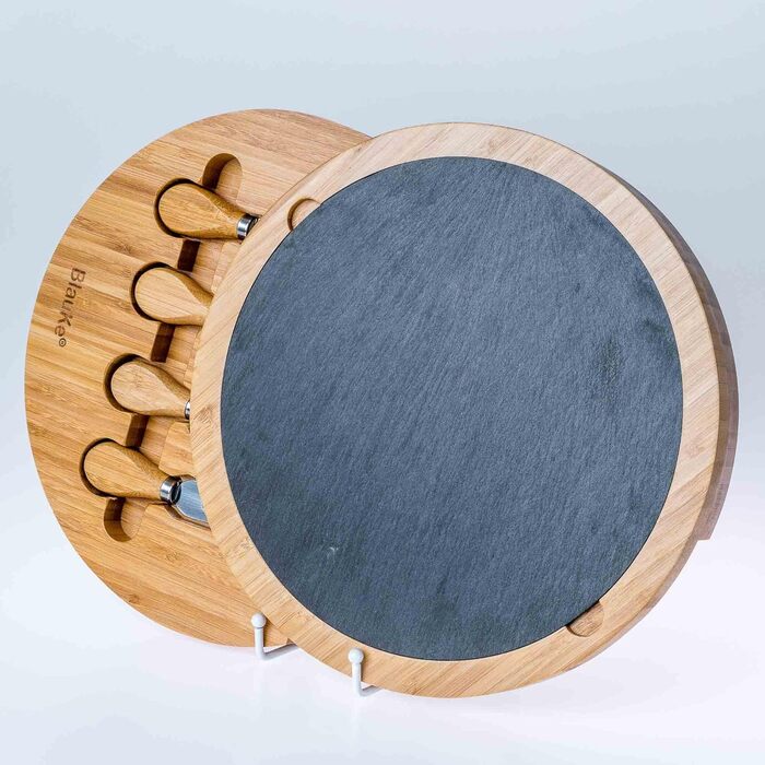 Bamboo Cheese Board with Cheese Knife Set and Slate Plate – Wooden Serving Platter for Cheese and Appetizers – 30cm Rotating Cheese Board – Round Serving Board – Cheese Board Charcuterie Board