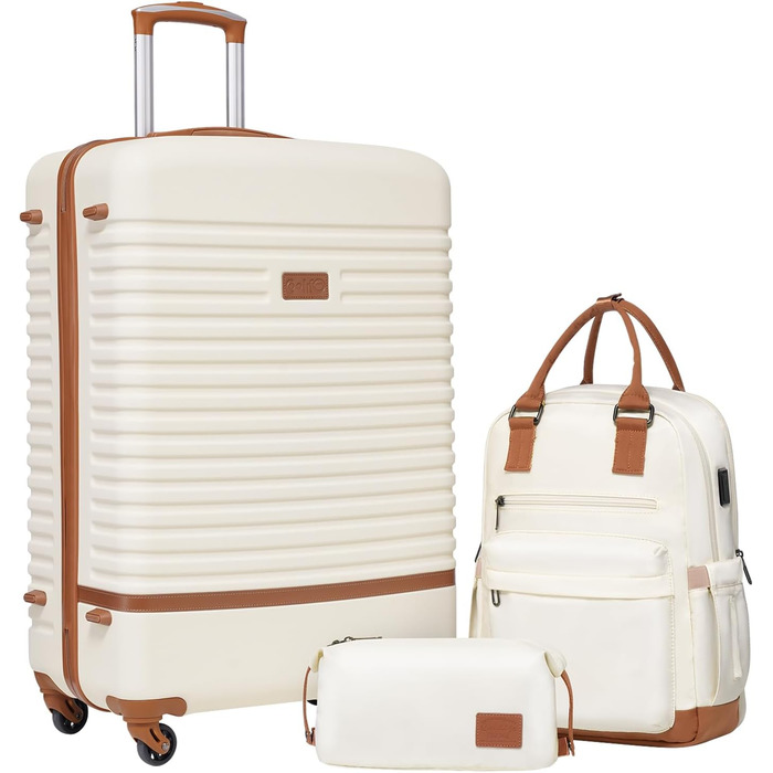 COOLIFE Luggage Suitcase Rolling Suitcase Travel Suitcase made of ABS Hard Shell, 4-Wheel Spinner with TSA Lock. The suitcase includes 1 Travel Backpack and 1 Toiletry Bag (White/Brown, Large 3-Piece Suitcase Set)
