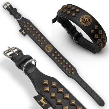 Нашийник для собак MICHUR Diego з натуральної шкіри, з декоративним левовим головою та заклепками, розмір 61-68,5 см