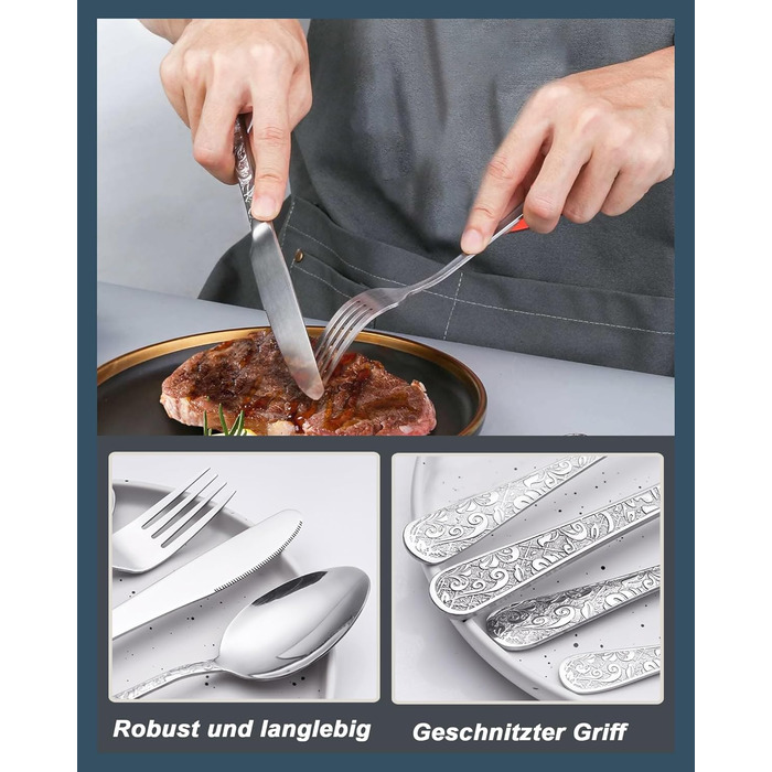 Набір столових приборів Vintage з різьбленням на 6 осіб, нержавіюча сталь, сріблястий (24 предмети) - ложки, виделки, ножі для дому та кухні, поліровані