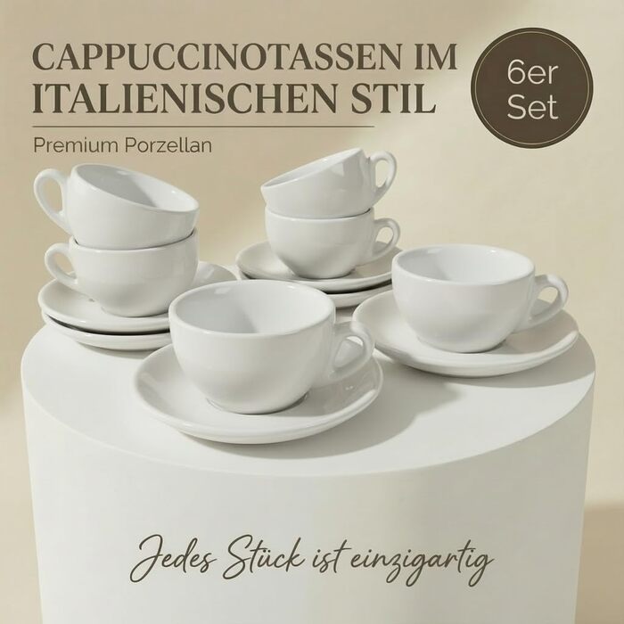 Набір з 6 еспресо-чашок | Хром | Італійський стиль | Dickwandig & Schwer | Еспресо-набір 6 шт. з підставками - подарунковий набір (200 мл, білий)