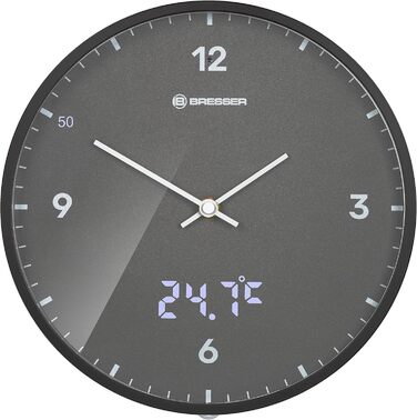 Bresser MyTime Radio-Controlled Wall Clock with Silent Movement, 24 cm Dial, LED Second Display, Indoor Temperature and Silent Radio Clock Movement, Grey