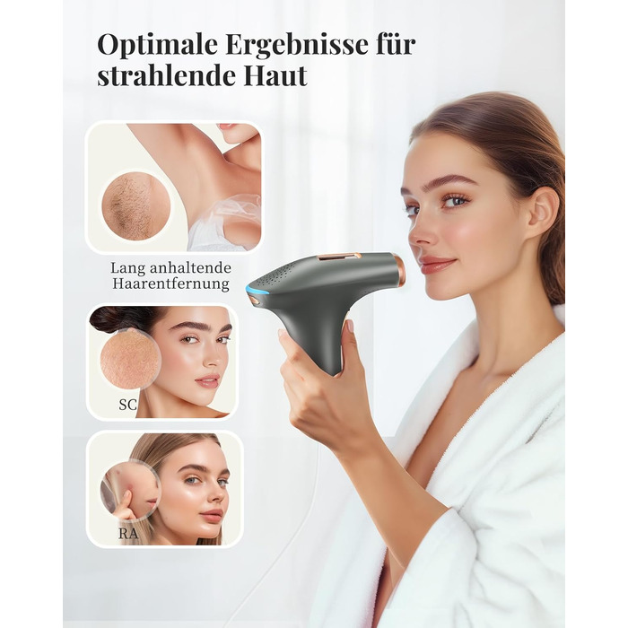 Пристрій для епіляції IPL Haarlosy: безболісна епіляція вдома для жінок та чоловіків, 9 рівнів, 999,900 імпульсів, 3 функції (HR/SC/RA), для тіла, ніг, зони бікіні, пахв. Чорний колір.