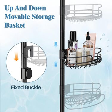 Телескопічна поличка для душу, регульована висота 58,5-317,5 см, чорна. Без свердління, для ванної кімнати