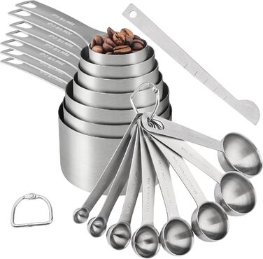 IFFMYJB Stainless Steel Measuring Cups and Spoons 16 Piece, 7 Measuring Cups & 8 Measuring Spoons with Leveler, Kitchen Premium Stackable Measuring Cups and Spoons Set, Easy to Store and Keep