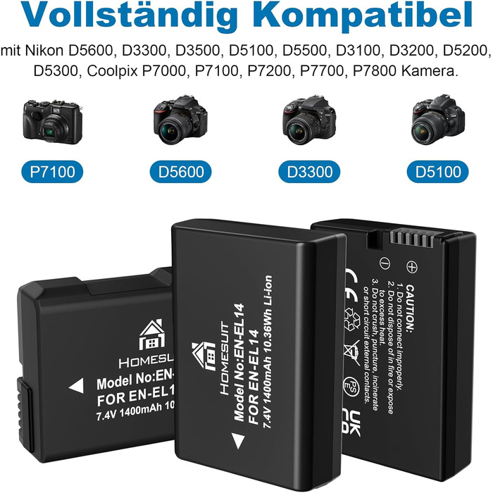 Акумулятор EN-EL14 1300mAh та USB LED зарядний пристрій для Nikon D3100, D3200, D3300, D3500, D5100, D5200, D5300, D5500, D5600, Coolpix P7000, P7100, P7200, P7700, P7800 (2 шт.)