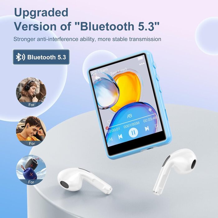 MP3-плеєр 64GB Bluetooth 5.3 з сенсорним екраном 2.4' для дітей, FM-радіо, запис голосу, Line-In (Чорний, Синій)