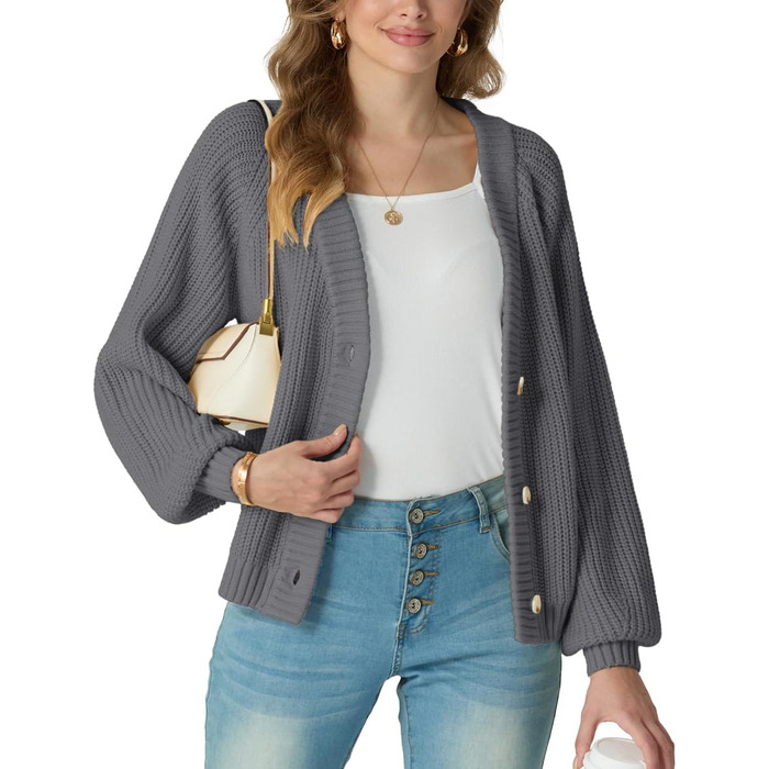 Жіночий в'язаний кардиган GRECERELLE з V-подібним вирізом та ґудзиками, сірий | Стильний в'язаний светр для осені та зими