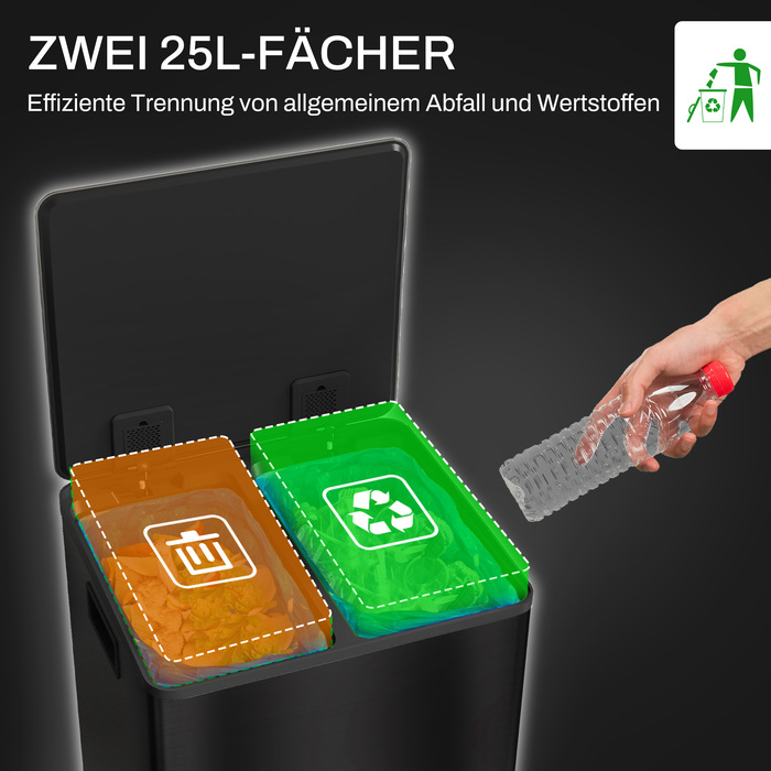 HOMCOM 2x25L Trash Can Step Pedal Bin Stainless Steel with Lid & Foot Pedal, Cosmetics Bin with Inner Bucket for Living Room & Office, 47.7x37.5x56cm