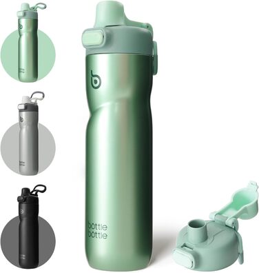 BOTTLE BOTTLE Insulated Water Bottle, 680 ml, with Handle and Flip-Top Lid, Bicycle Water Bottle, Push-Button Lid, Leak-Proof, Portable, for Travel, Sports, Riding, Green