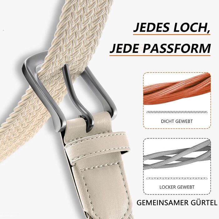 Тканинний плетений ремінь LAKIDAY: еластичний, унісекс, 3.5 см, 100-130 см, бежевий