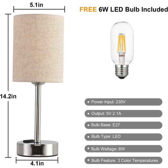 LED-лампа на тумбочку з сенсорним керуванням, диммуванням, USB-портом A+C, тканинним абажуром, металевою основою, для спальні, офісу, вітальні (з лампочкою) (Бежевий)
