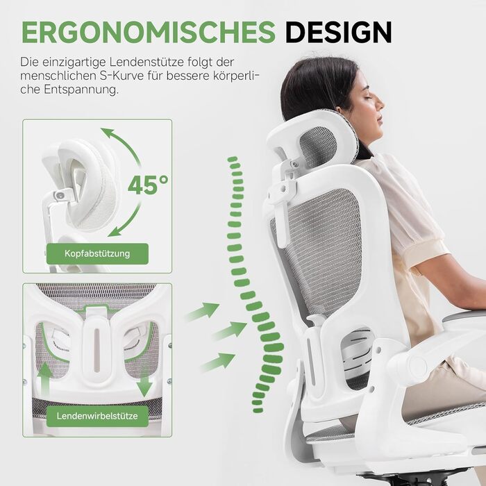 Офісне крісло GTPLAYER Ergonomisch - регульована спинка, підлокітники, поперекова підтримка, функція гойдання, дихаюча сітка, 150 кг (Білий)