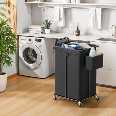 Bomclap Laundry Basket with Wheels, 150L Large Laundry Collector with an 8L Storage Basket, 2-Piece Metal Frame Laundry Basket with Handle for Laundry Room, Dorm, Bathroom, Bedroom, Black