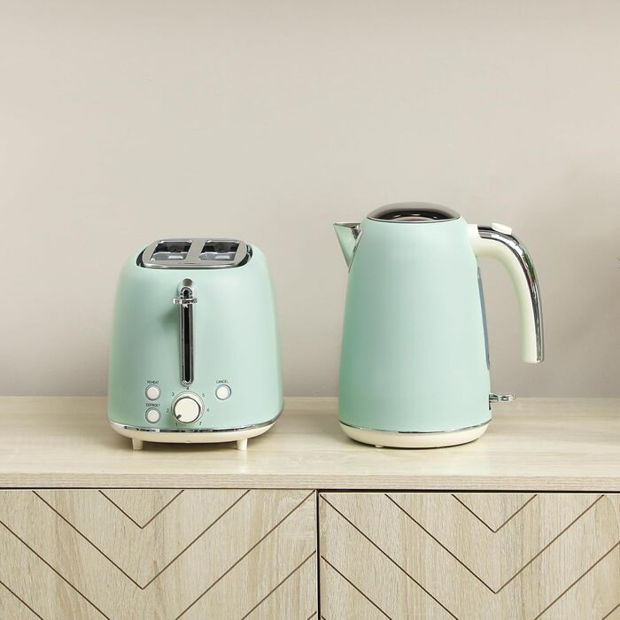 Набір чайник та тостер HOMCOM з нержавіючої сталі, 2200 Вт, 1.7 л, 2-слотовий тостер, 7 рівнів підсмажування, швидкий нагрів, термостат Strix, фільтр від накипу та піддон для крихт, зелений