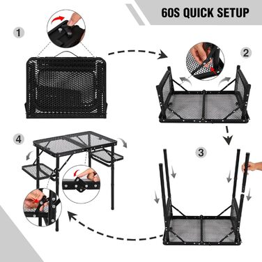 Складний стіл для кемпінгу REDCAMP 60x40 см для пікніка, BBQ, приготування їжі. Легкий, алюмінієвий, з регульованими ніжками, чорний (90x41 см)