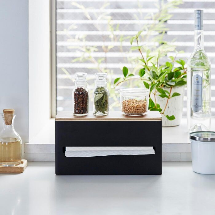 Yamazaki 4765 RIN Double-Sided Tissue Box, Black, Steel/Plywood, Minimalist, 26 x 11 x 14 cm
