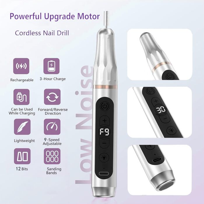 Портативний фрезер для нігтів бездротовий 12 в 1 Професійний електричний набір для манікюру та педикюру USB, перезаряжається, 9 швидкостей, 20000 об/хв, срібний
