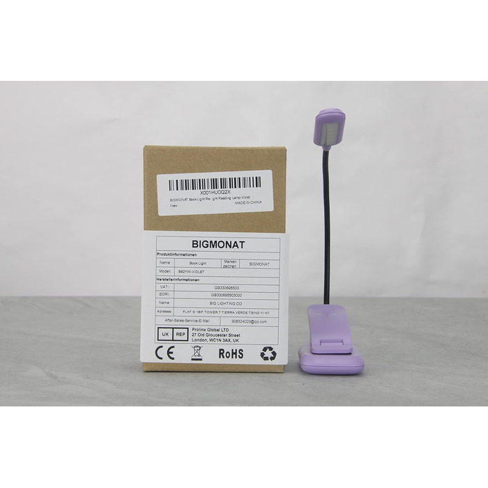 Ліхтарик для читання BIGMONAT з USB зарядкою, кліпсою, 6 LED, 3 режими світла, регульована яскравість, гнучкий на 360° фіолетовий