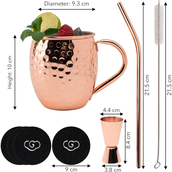 Moscow Mule Mug Set - 4 x 500 ml Copper Mug Set with Stainless Steel Interior - Cocktails, Iced Coffee, Lemonade & Gin Copper Mugs - 4 Straws, 4 Coasters, Jigger & Cleaning Brush
