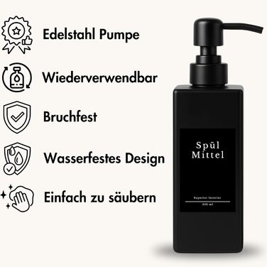 Диспенсер для мила скляний чорний матовий 2 шт, 350 мл з нержавіючою помпою для кухні та ванної кімнати + етикетки