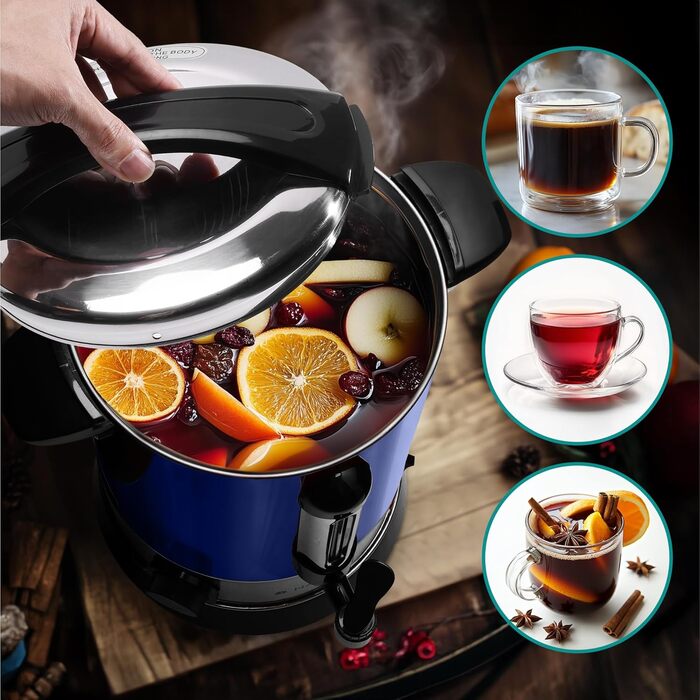 Navaris Mulled Wine Warmer/Hot Water Dispenser - Stainless Steel - with Thermostat, Level Indicator, Tap - Mulled Wine/Hot Beverage Dispenser (10 l, Blue)