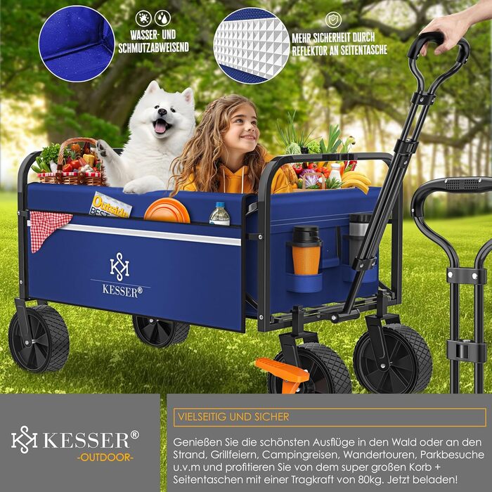 Візок-телега KESSER® складний вантажний, до 150 кг, з PVC колесами 360°, синій/чорний - для саду та транспорту