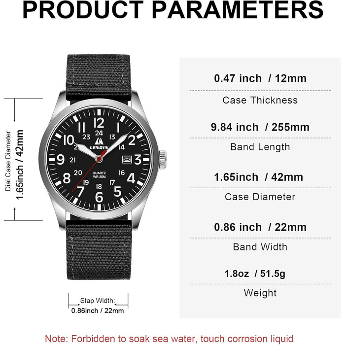 Чоловічий годинник LN LENQIN: аналоговий кварцовий годинник з нейлоновим ремінцем, 30M водостійкість, з датою (чорний, срібний, чорний)