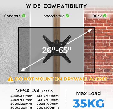 Кронштейн для телевізора BONTEC 950 мм, поворотний, нахильний, для 26-65 дюймів, VESA 400x400, до 35 кг
