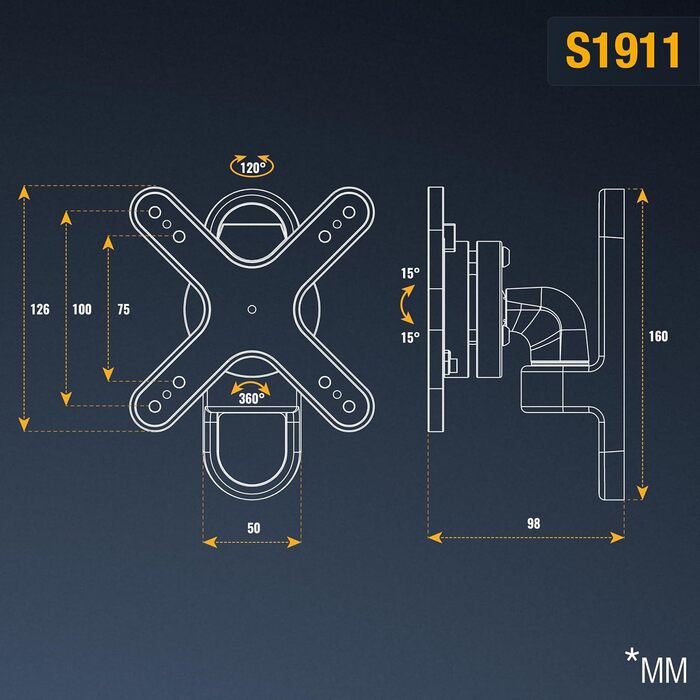 Кріплення для монітора RICOO S1711 - настінна підставка для монітора 13-34 дюймів, поворотна, нахилена, VESA 75/100 мм, до 15 кг, срібна